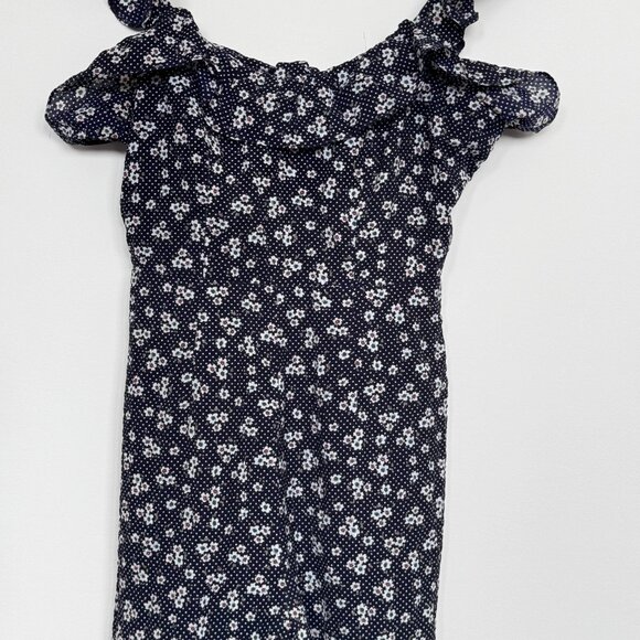 Jumpsuit One piece Summer Navy blue outfit with flower patterns and ruffles - Picture 3 of 12